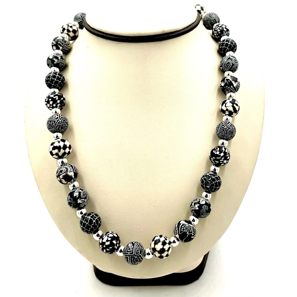 Jilzarah Necklace Artisan Black & Creamy White Handmade Clay Beads
